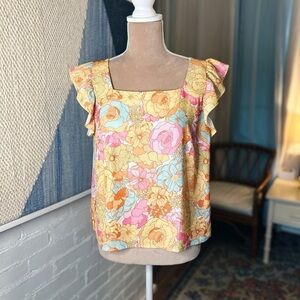 NWOT SHEIN Retro Floral Ruffle Shoulder Blouse